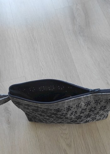 Beden Gri Dantel Detaylı bohem Kot Makyaj Çantası