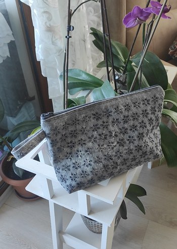 Beden gri Renk Gri Dantel Detaylı bohem Kot Makyaj Çantası