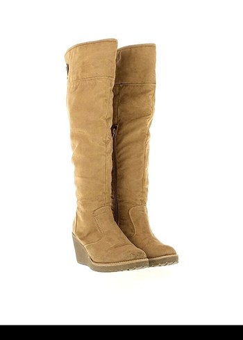 Bej Süet Dolgu Topuklu Dizüstü Çizme,38 numara , dolgu topuk - Görsel 2