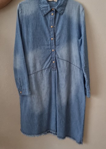 Düğmeli Mavi Kadın Denim Tunik