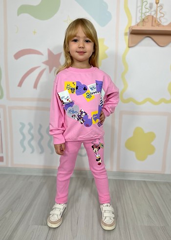 Kız Çocuk Pembe Baskılı Pamuklu Takım - Görsel 3
