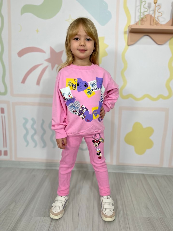 Kız Çocuk Pembe Baskılı Pamuklu Takım - Görsel 3