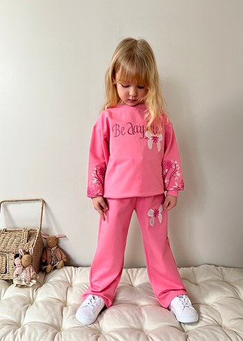 Kız Çocuk Pembe Fiyonk Detaylı Rahat Eşofman takım - Görsel 3