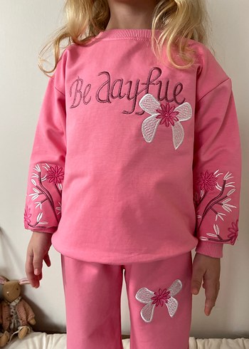 Kız Çocuk Pembe Fiyonk Detaylı Rahat Eşofman takım - Görsel 2