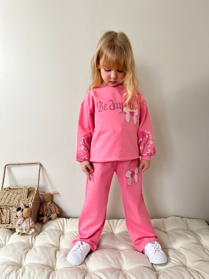 Kız Çocuk Pembe Fiyonk Detaylı Rahat Eşofman takım - Görsel 3