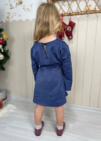 Trendy Rahat Kesim Kız Çocuk Mavi Triko Elbise - Görsel 3