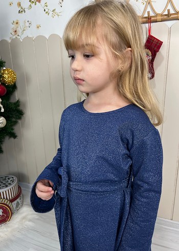 Trendy Rahat Kesim Kız Çocuk Mavi Triko Elbise - Görsel 4