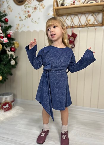 Trendy Rahat Kesim Kız Çocuk Mavi Triko Elbise - Görsel 2