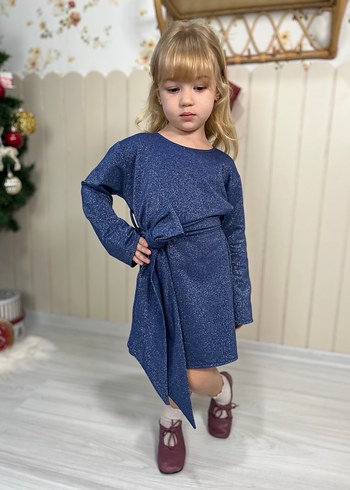 Trendy Rahat Kesim Kız Çocuk Mavi Triko Elbise - Görsel 5