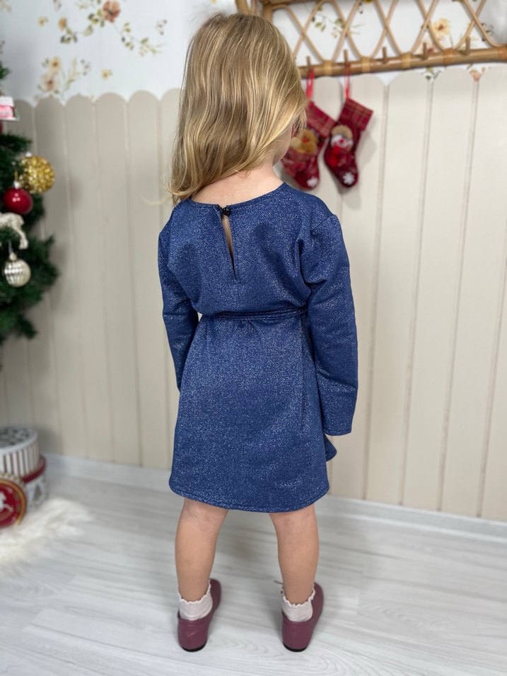 Trendy Rahat Kesim Kız Çocuk Mavi Triko Elbise - Görsel 3