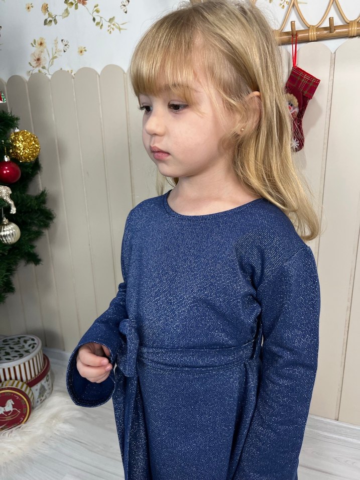 Trendy Rahat Kesim Kız Çocuk Mavi Triko Elbise - Görsel 4