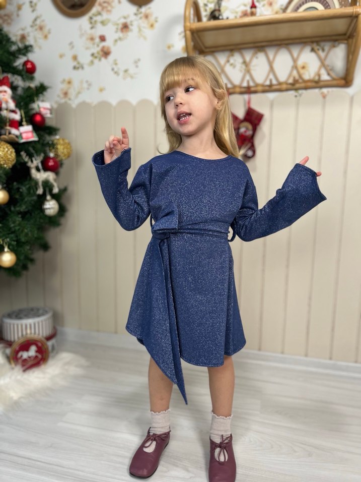 Trendy Rahat Kesim Kız Çocuk Mavi Triko Elbise - Görsel 2