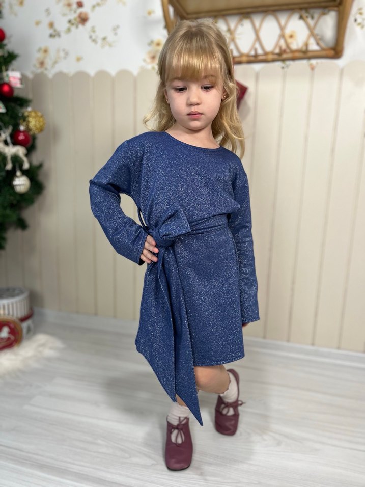 Trendy Rahat Kesim Kız Çocuk Mavi Triko Elbise - Görsel 5