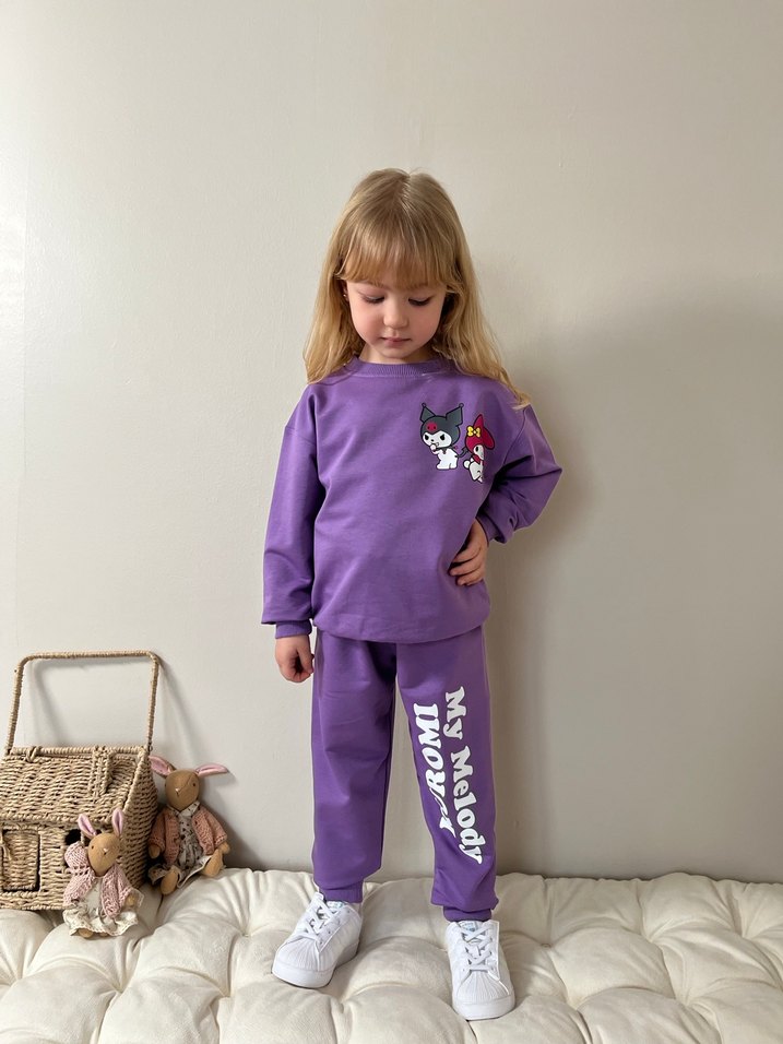 Mor Baskılı Kız Çocuk Eşofman Takımı - Görsel 3