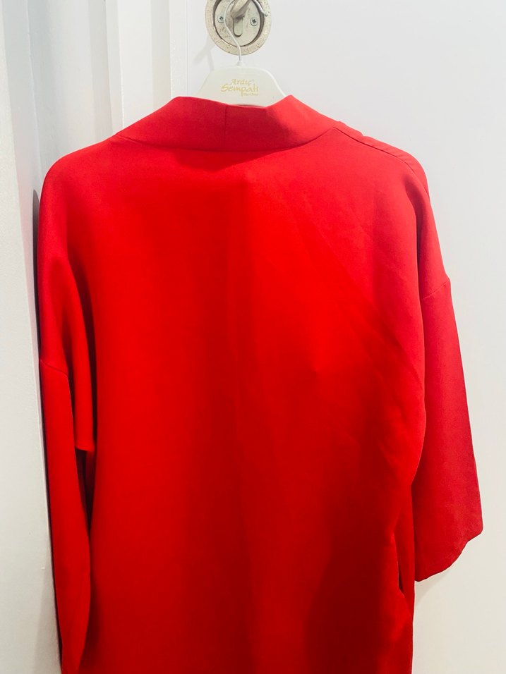 Kadın Kırmızı Midi Salaş ceket - Görsel 3