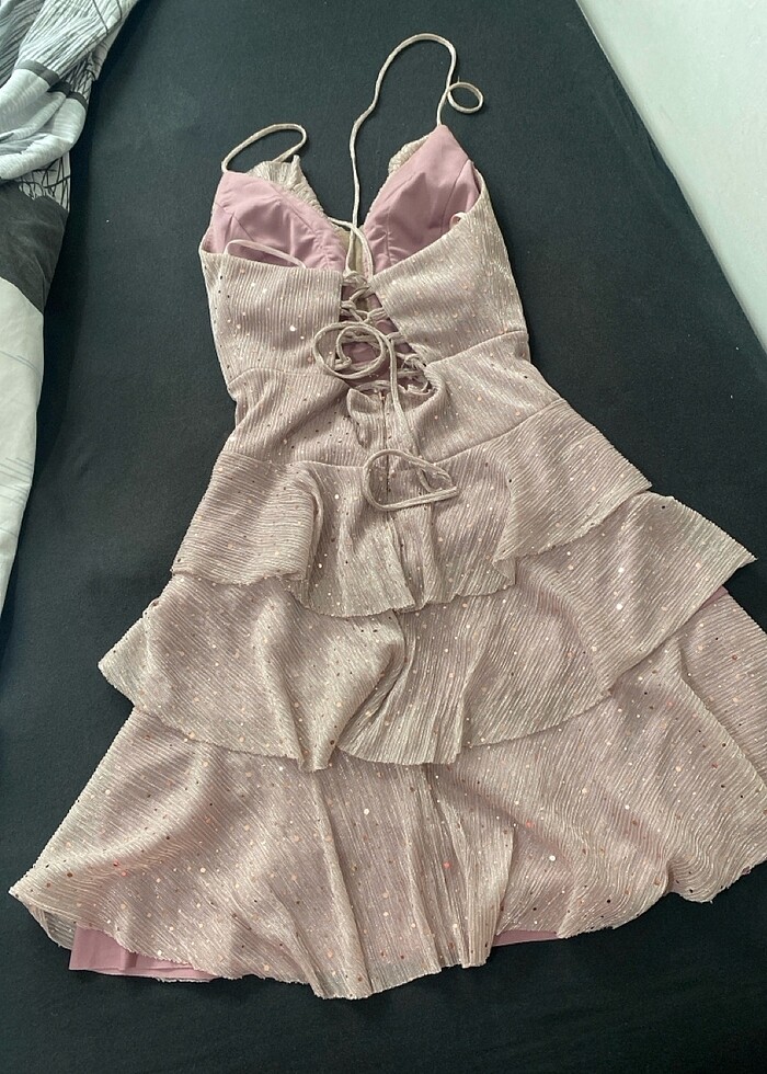 SİMLİ VOLANLI ÖZEL GÜN ELBİSESİ - ARKASI İPLİ MODEL - Görsel 3