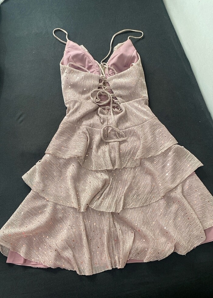 SİMLİ VOLANLI ÖZEL GÜN ELBİSESİ - ARKASI İPLİ MODEL - Görsel 4