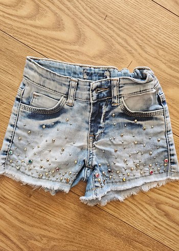 Parlak Taş İşlemeli Mavi Kız Denim Şort