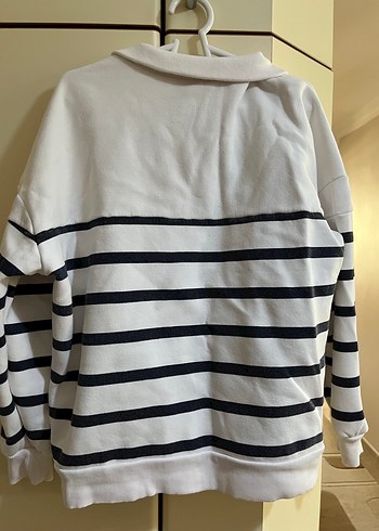 xl Beden Kadın Beyaz Çizgili Yarım Fermuarlı Sweatshirt