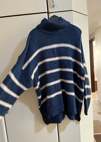 xl Beden lacivert Renk Boğazlı Çizgili Mavi Kadın Kazak