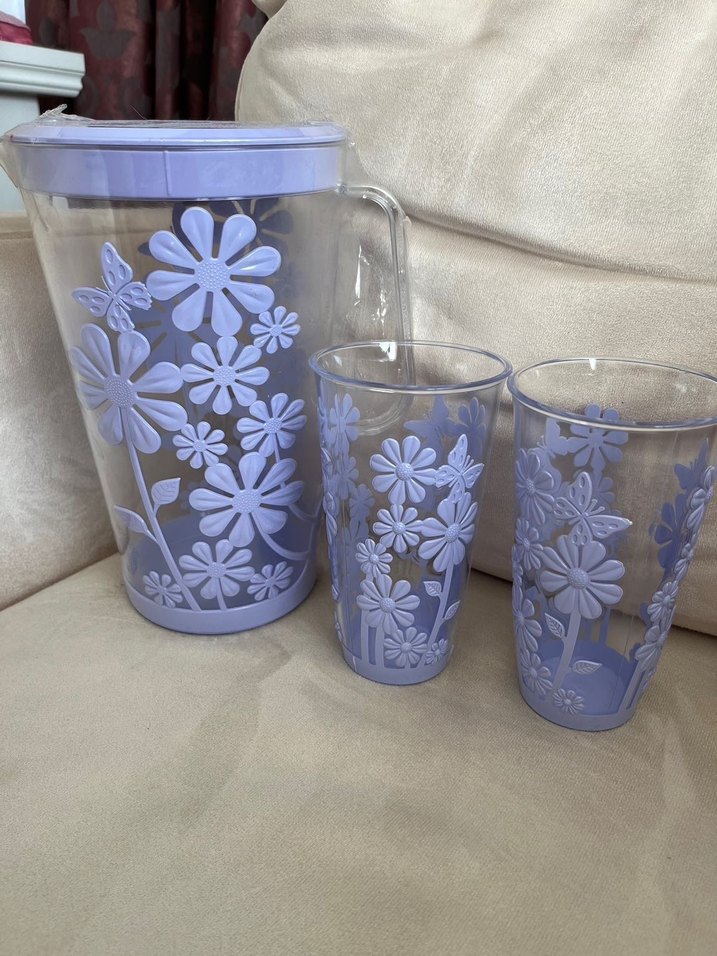 Plastik Mavi Çiçek Desenli Sürahi ve Bardak Seti - Görsel 4