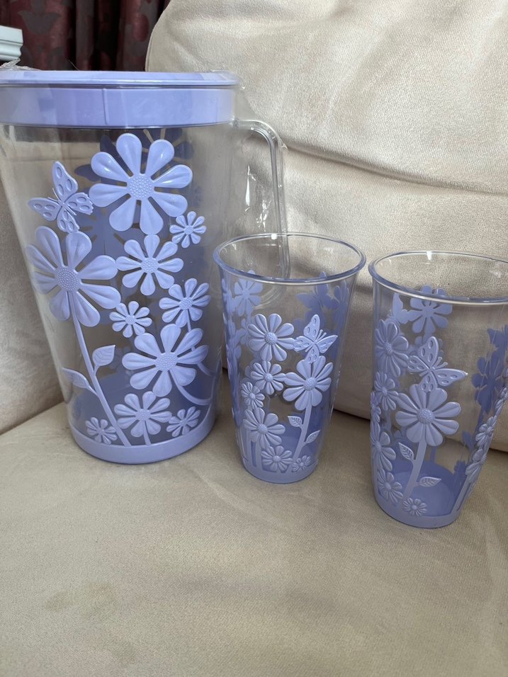 Plastik Mavi Çiçek Desenli Sürahi ve Bardak Seti - Görsel 2