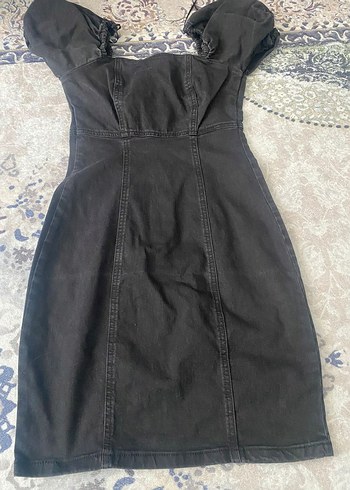 Siyah Straplez Gotik Midi Denim Elbise