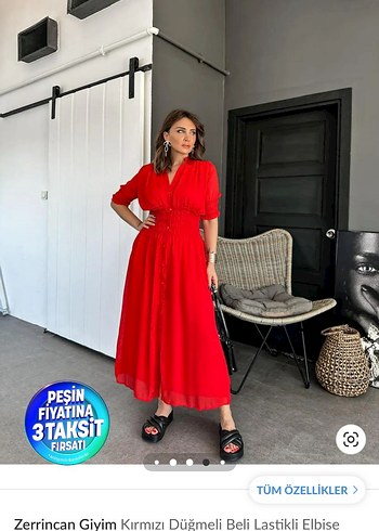 Kırmızı V Yaka Düğmeli Uzun Elbise