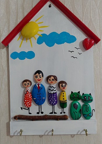 Renkli Taş Boyama Figürlü Anahtarlık Askılığı