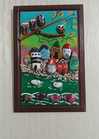 El yapımı Renkli Taşlardan Kuş ve Ev Temalı Tablo 20×30cm. - Görsel 2