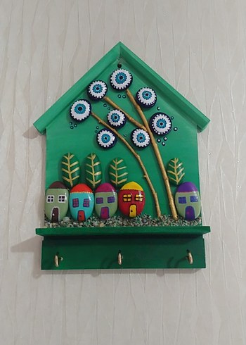 El Yapımı Renkli Taş Ev ve Nazarlık Duvar Askısı - Görsel 2