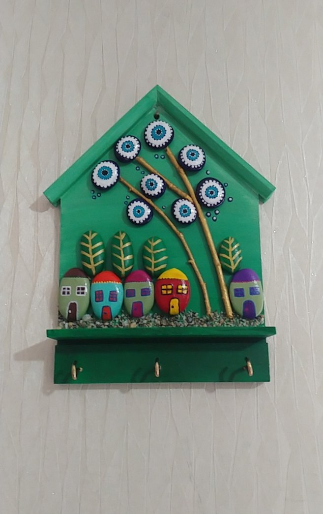 El Yapımı Renkli Taş Ev ve Nazarlık Duvar Askısı - Görsel 2