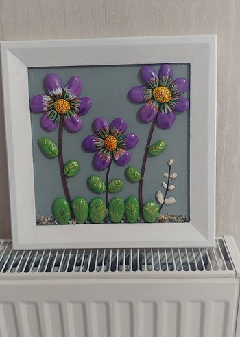 El Yapımı Mor Çiçekli Renkli Taş Tablo - Görsel 2