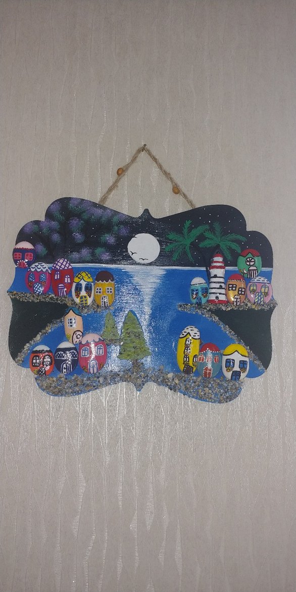 Renkli Ahşap Doğal Taş boyamalı Deniz Manzaralı Duvar Süsü - Görsel 2