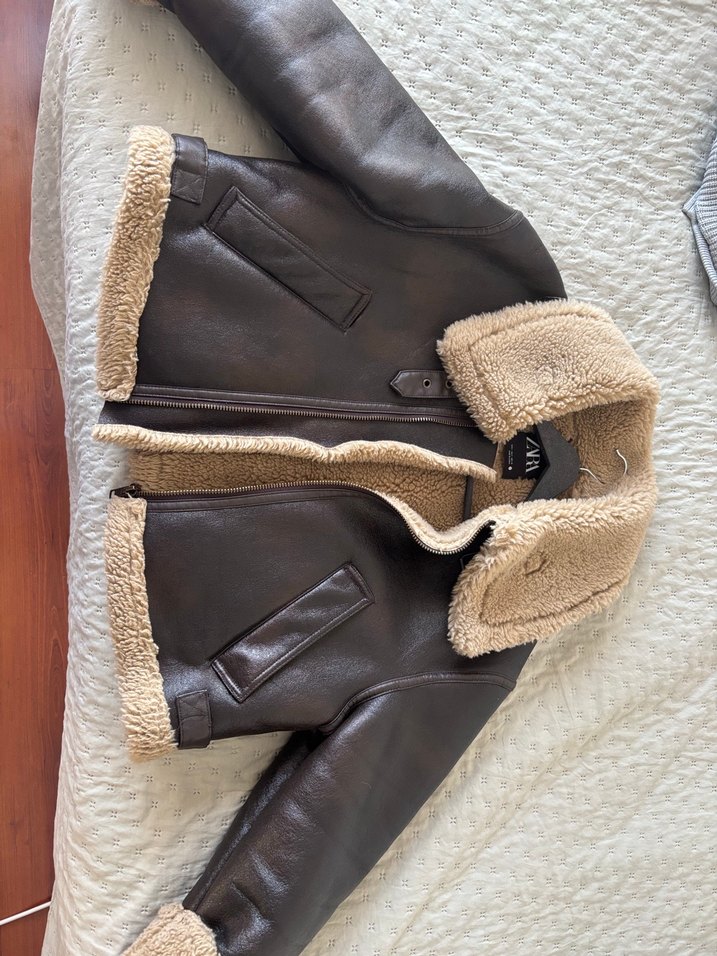 Zara İçi Kürklü Kahverengi Deri Ceket S - Görsel 2