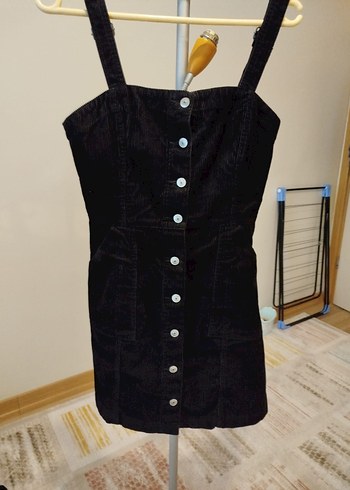 Düğmeli Siyah Denim Mini Elbise - Görsel 3