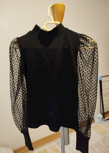 Siyah Örgü Triko, Tül Uzun Kollu Bluz - Görsel 2