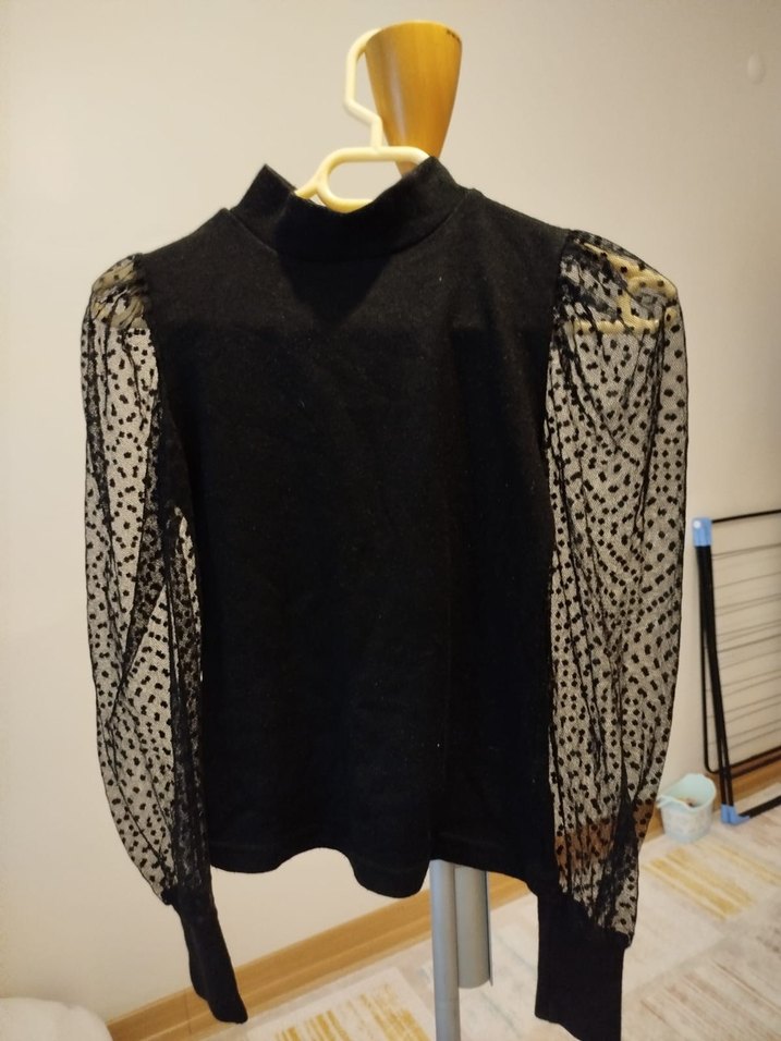 Siyah Örgü Triko, Tül Uzun Kollu Bluz - Görsel 2