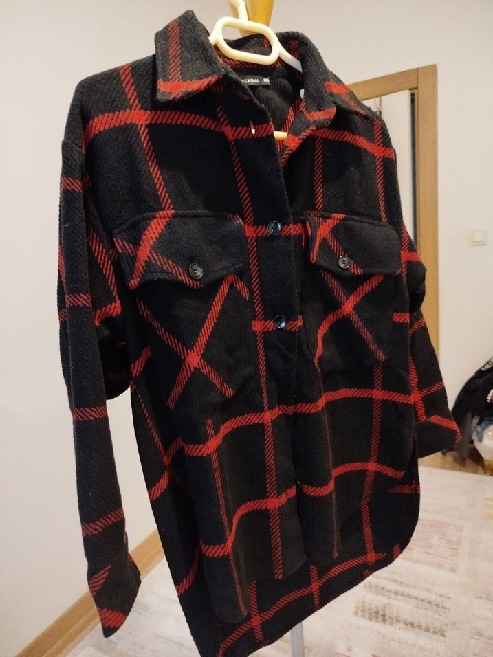 Kırmızı Ekose Desenli Kadın Düğmeli Gömlek - Görsel 4