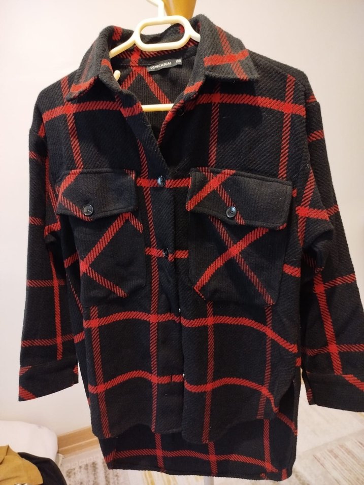 Kırmızı Ekose Desenli Kadın Düğmeli Gömlek - Görsel 3