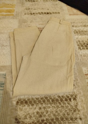 Bej Kadın Keten Pilili Bol Pantolon - Görsel 3