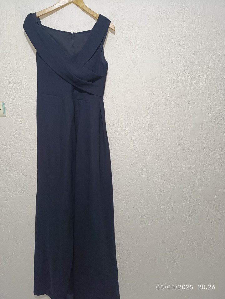 Lacivert Drapeli V Yakalı Uzun Elbise - Görsel 2