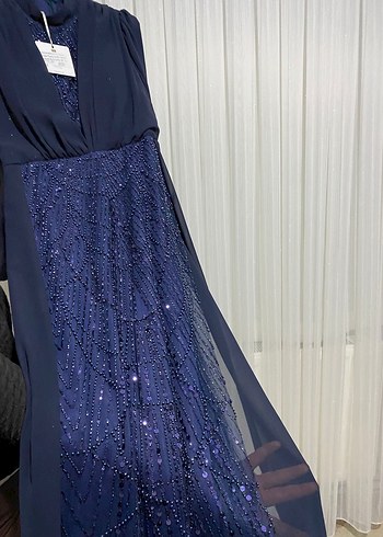 Mavi Uzun Kollu Drapeli Uzun Elbise - Görsel 3