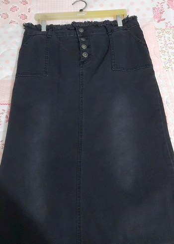 Düğmeli Siyah Midi Denim Etek