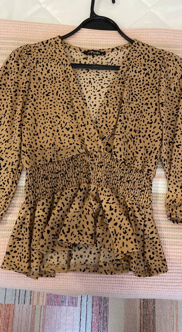 Kahverengi Uzun Kollu V Yaka Bluz - Görsel 2