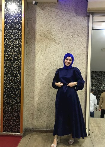 Abiye Uzun Kollu, Yüksek Yakalı Mavi Kadın Elbise
