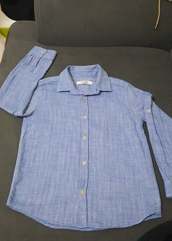 Erkek Çocuk  Mavi Keten Uzun Kollu Gömlek - Görsel 4