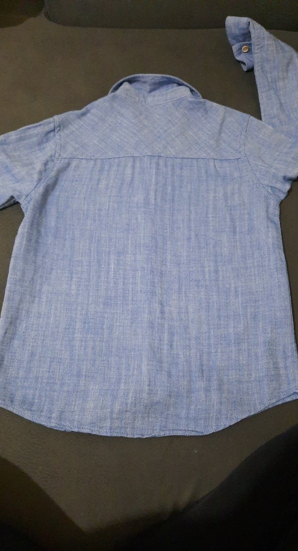 Erkek Çocuk  Mavi Keten Uzun Kollu Gömlek - Görsel 5