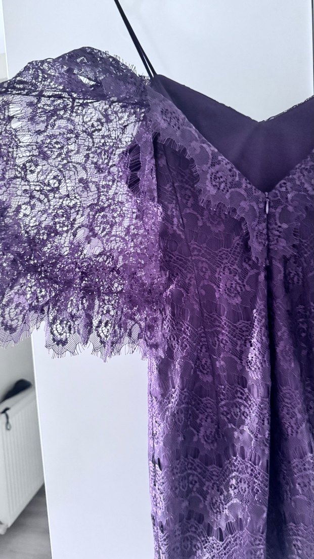 Mor Dantel Kısa Kollu Mini Elbise - Görsel 3