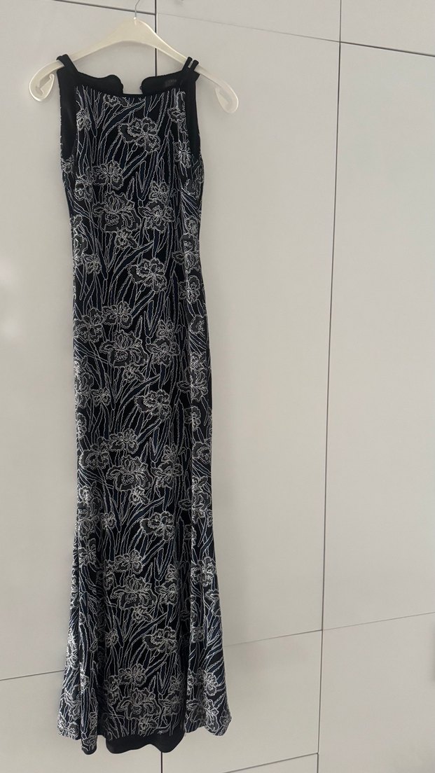 Uzun siyah lacivert Desenli Drapeli Elbise - Görsel 2